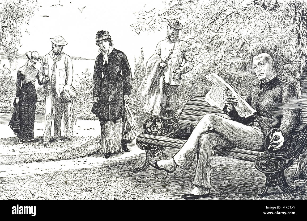 Abbildung zeigt ein Mann setzte sich auf eine Holzbank mit einer gusseisernen Rahmen. Vom 19. Jahrhundert Stockfoto