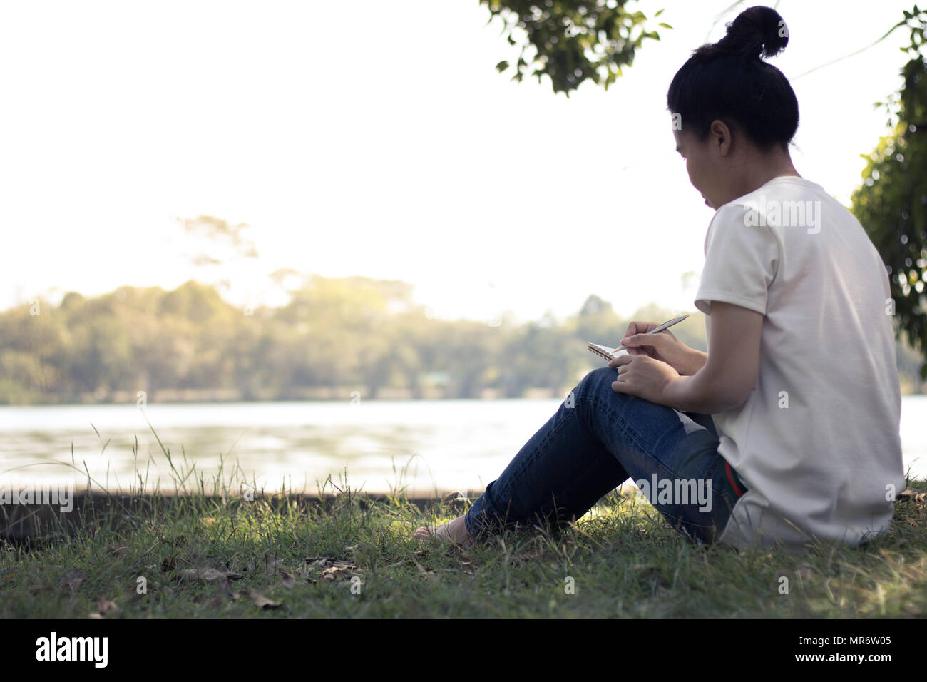 Junge Frauen schreiben auf Notebook im Park, Konzept in Bildung und Wissen Stockfoto