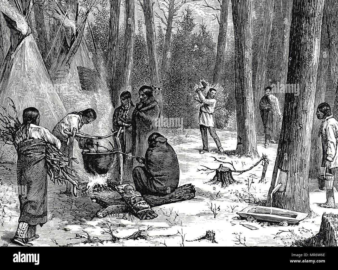 Gravur, die Nordamerikanischen Indianer Sammlung maple sap und kocht es unten in Sirup und Zucker. Vom 19. Jahrhundert Stockfoto