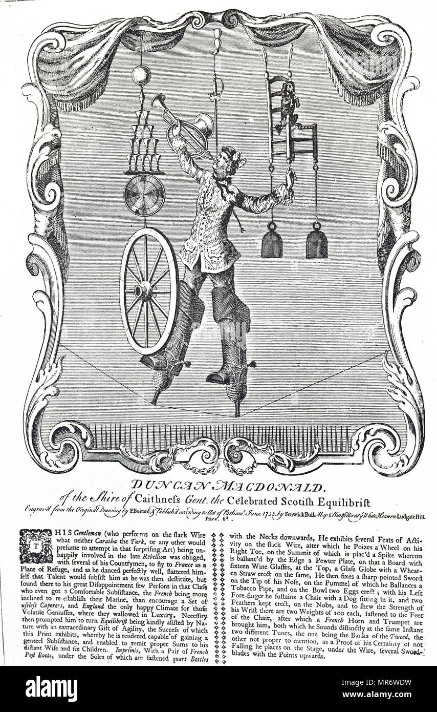 Kupferstich mit der Darstellung der Schottischen equilibrist Duncan MacDonald. Vom 18. Jahrhundert Stockfoto