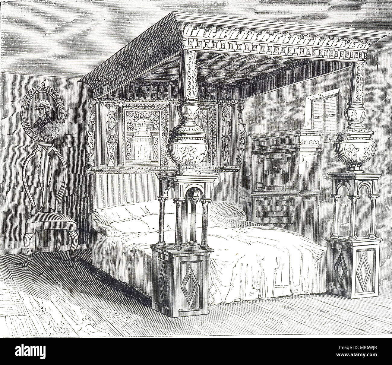 Kupferstich mit der Darstellung der großen Bett von Ware, eine extrem große Eiche Himmelbett, geschnitzt mit Intarsien, war ursprünglich in der White Hart Inn in Ware, England untergebracht. Vom 19. Jahrhundert Stockfoto