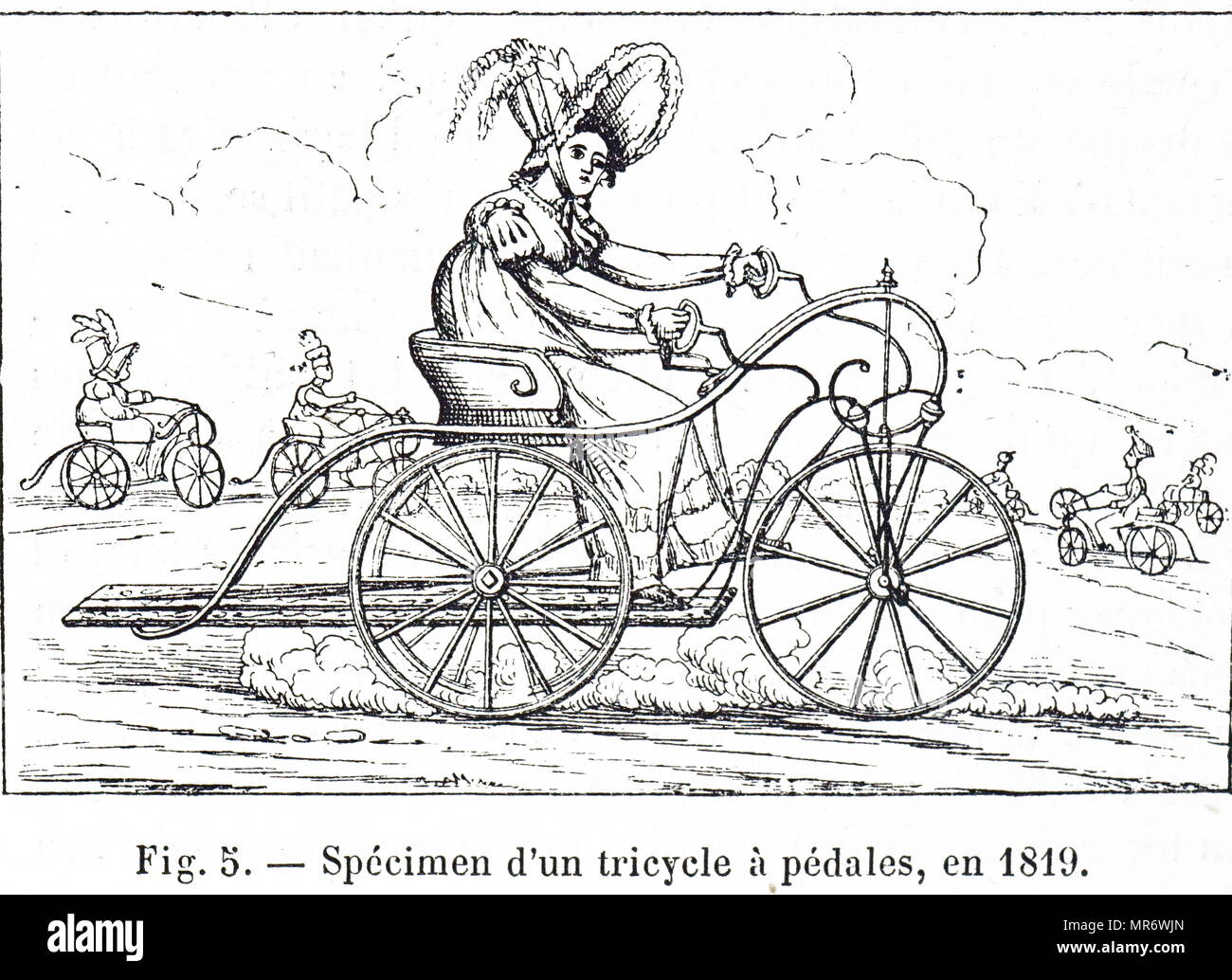 Gravur, eine Dame, ein Dreirad. Pedale und Hebel bedient Kurbeln in der Nabe zu handeln. Vom 19. Jahrhundert Stockfoto