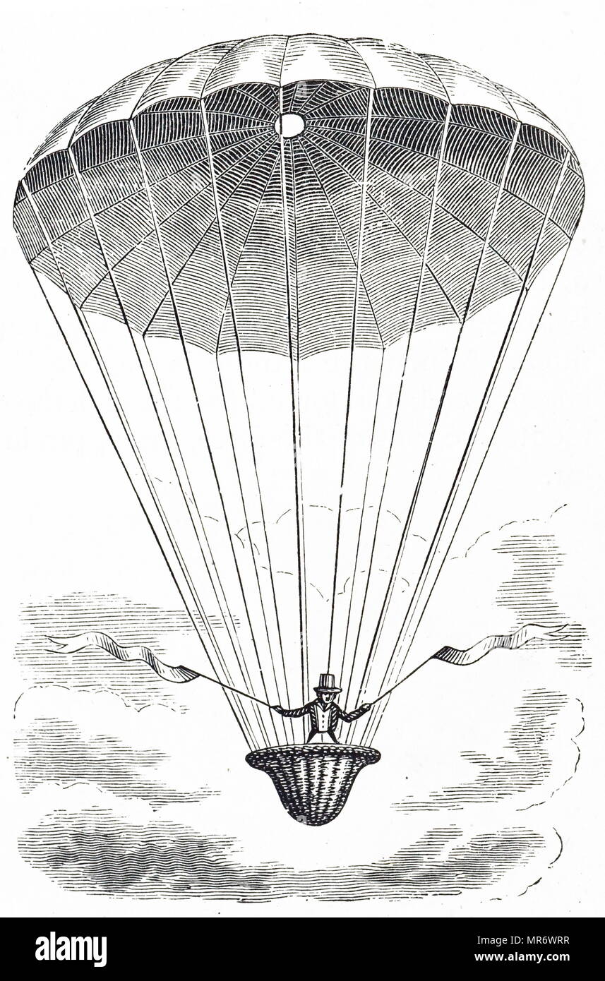 Gravur, die ersten Fallschirm André-Jacques Garnerin der Abstieg im Jahr 1797. André-Jacques Garnerin (1769-1823) eine französische Ballonfahrer und der Erfinder der rahmenlosen Fallschirm. Er wurde zum offiziellen Luftschiffer von Frankreich. Vom 19. Jahrhundert Stockfoto