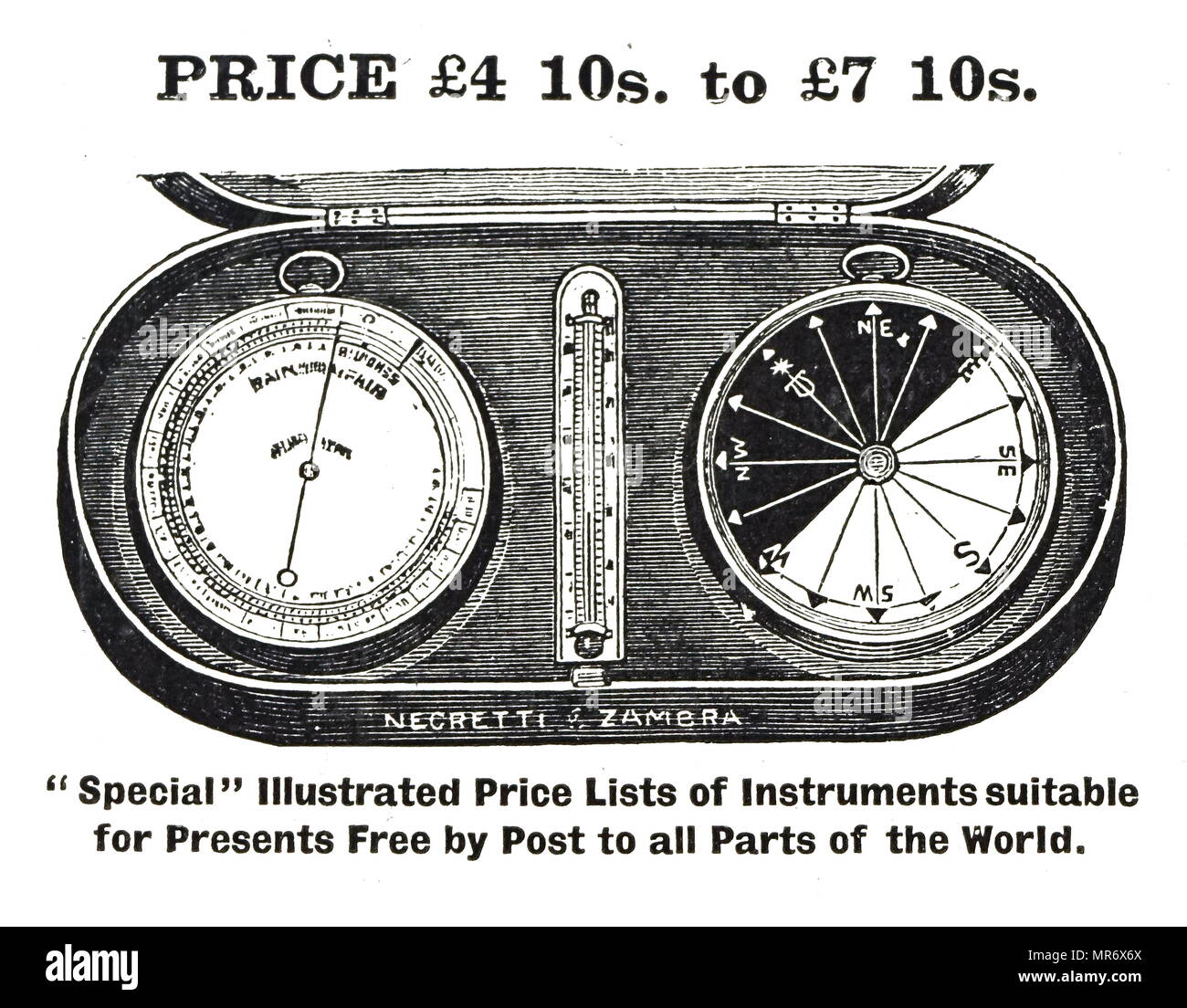 Werbung für einen Reisenden, der wissenschaftliche Begleiter, der ein Barometer und Kompass enthält. Vom 19. Jahrhundert Stockfoto