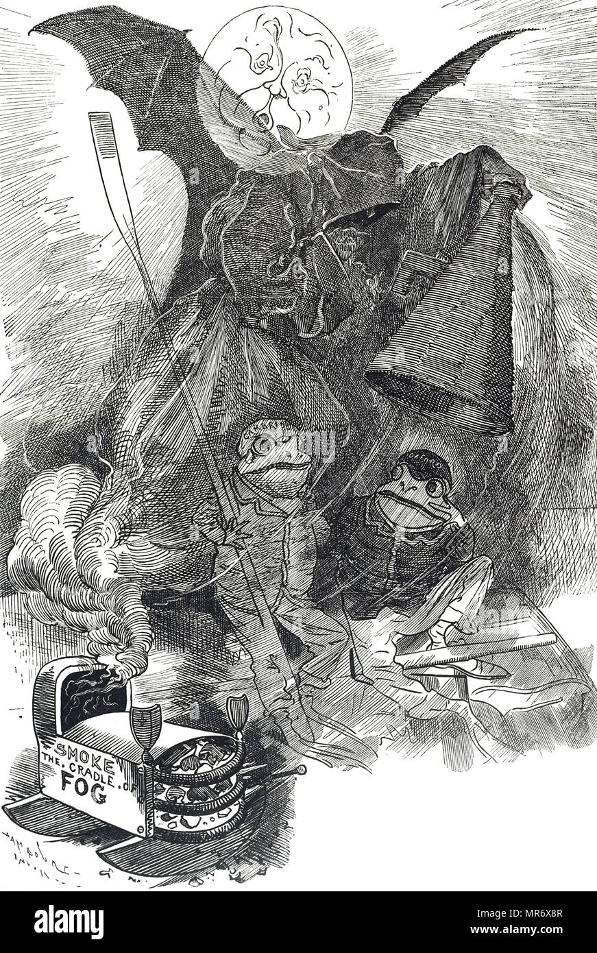 Cartoon mit der Darstellung eines Boat Race Londoner Nebel zum Opfer zu fallen. Vom 19. Jahrhundert Stockfoto