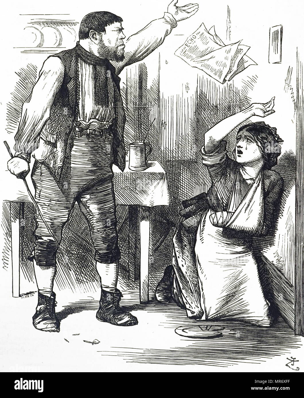 Abbildung: Darstellung einer gewalttätigen Ehemann, der seine Frau schlägt. Illustriert von John Tenniel (1820-1914) ein englischer Illustrator Grafik Humorist und politischen Karikaturisten. Vom 19. Jahrhundert Stockfoto