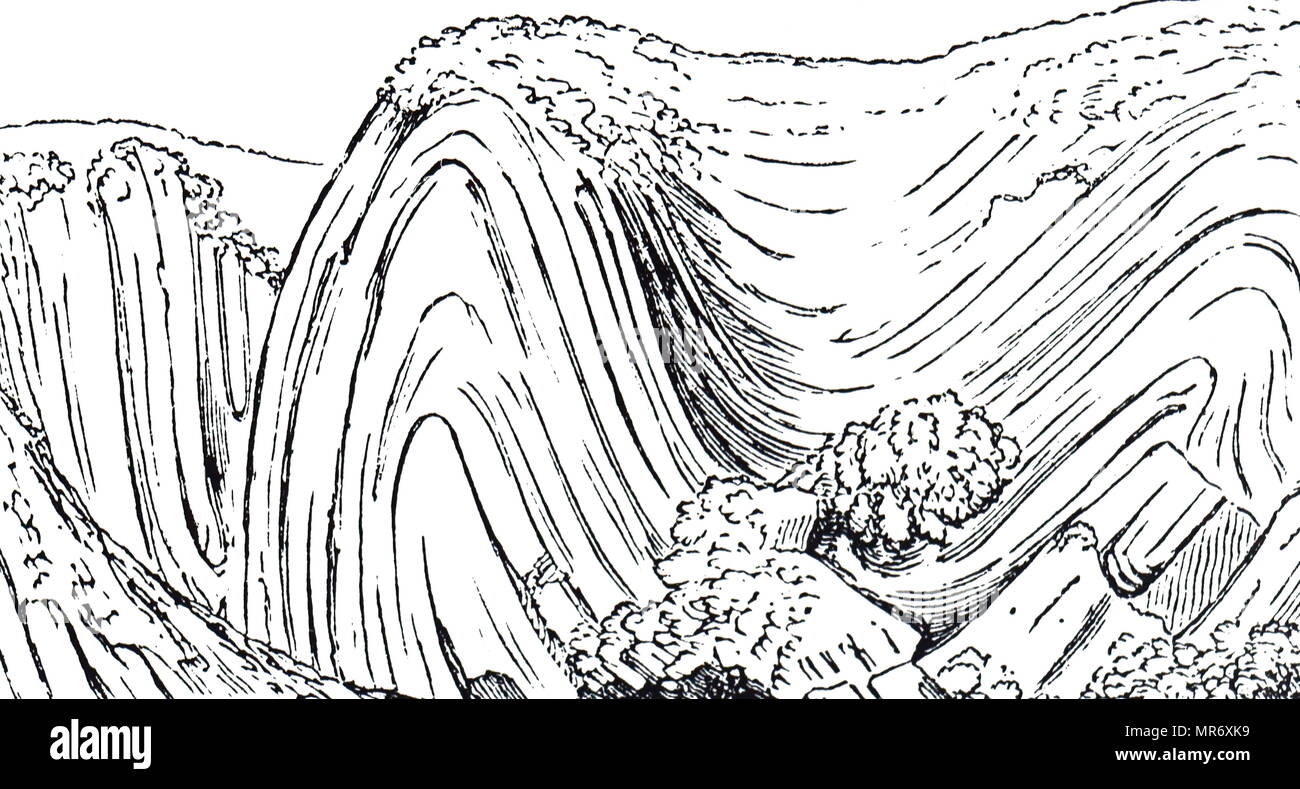 Gravur Darstellung einer geologischen Falte, die auftritt, wenn eine oder einen Stapel von ursprünglich flachen und ebenen Oberflächen, wie z.b. sedimentären Schichten, geknickt oder gebogen als Ergebnis der permanenten Verformung sind. Vom 19. Jahrhundert Stockfoto