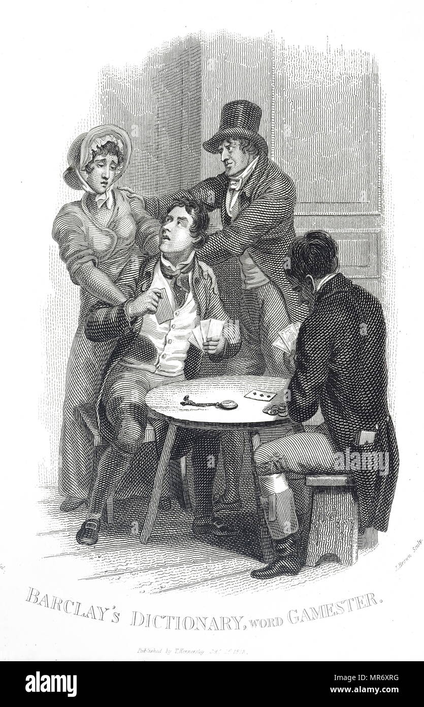 Gravur Darstellung einer Frau, die versucht, ihr Ehemann von der Spieltisch zu entfernen. Mit Ill. von William Marshall Craig (1765-1827) ein englischer Maler. Vom 19. Jahrhundert Stockfoto