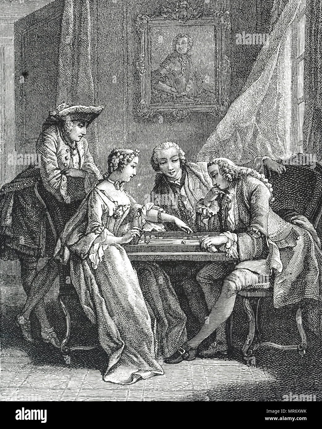 Kupferstich mit der Darstellung eines Spiels des Tric-Trac - eine frühe Form des Backgammon. Vom 18. Jahrhundert Stockfoto