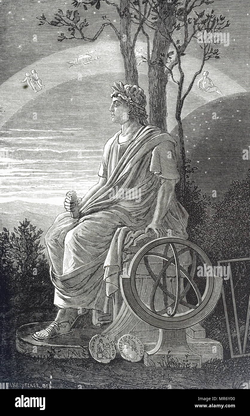 Gravur, eine Statue von Hipparchus basiert auf einer Medaille an seinem Geburtsort Struck, Nizäa (heutige Türkei). Hipparchus von Nizäa (190 v. Chr.-120 v. Chr.), einen griechischen Astronomen, Geograph und Mathematiker. Vom 19. Jahrhundert Stockfoto