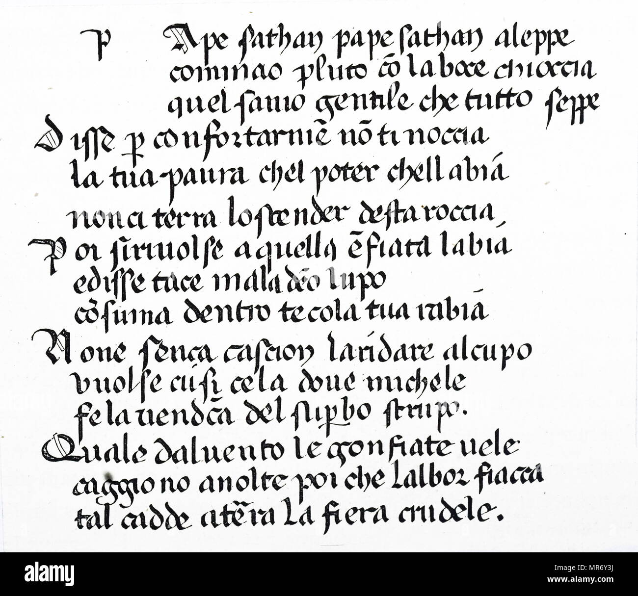 Fragment des Dante Alighieri 'Divina Comedia'. Inferno ist der erste Teil des 14. Jahrhunderts epischen Gedicht "Göttliche Komödie, gefolgt von Purgatorio und Paradiso. Dante Alighieri (1265-1321), ein großer italienischer Dichter des späten Mittelalters und der frühen Renaissance. Vom 14. Jahrhundert Stockfoto