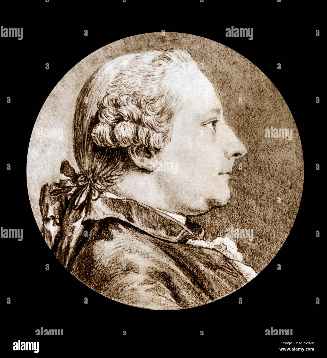 Portrait in crayon von Friedrich Melchior, Baron von Grimm (1723-1807), deutsch-französische geboren - Sprache Journalist, Kunstkritiker, Diplomat und Beiträge für die Encyclopédie ou Wörterbuch raisonné des Sciences, des Arts et des métiers. Porträt von Charles-Nicolas Cochin Stockfoto