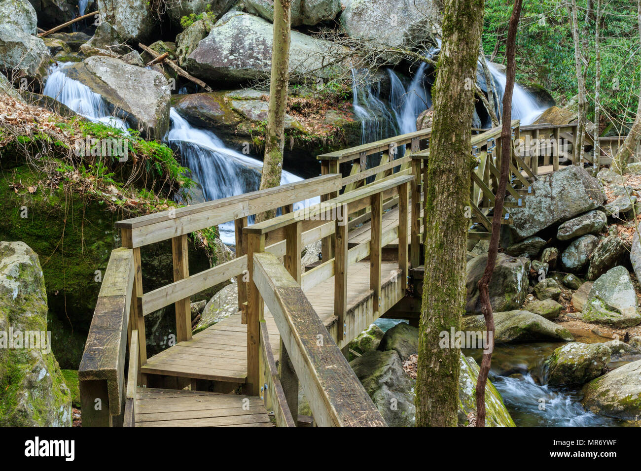 SOUTH MOUNTAIN STATE PARK, Morganton, NC, USA-28 MÄRZ 18: Fuß Brücke über Jacobs Fork River, im Süden in den Bergen, in der Nähe von Morganton, NC. Stockfoto