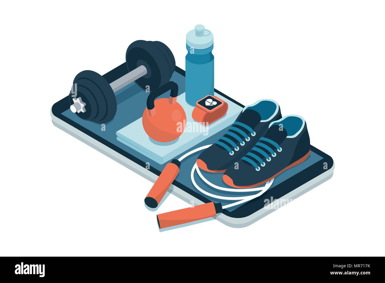 Fitness, Training und Workout App: Sportgeräte und Symbole auf dem Touchscreen smartphone Stock Vektor
