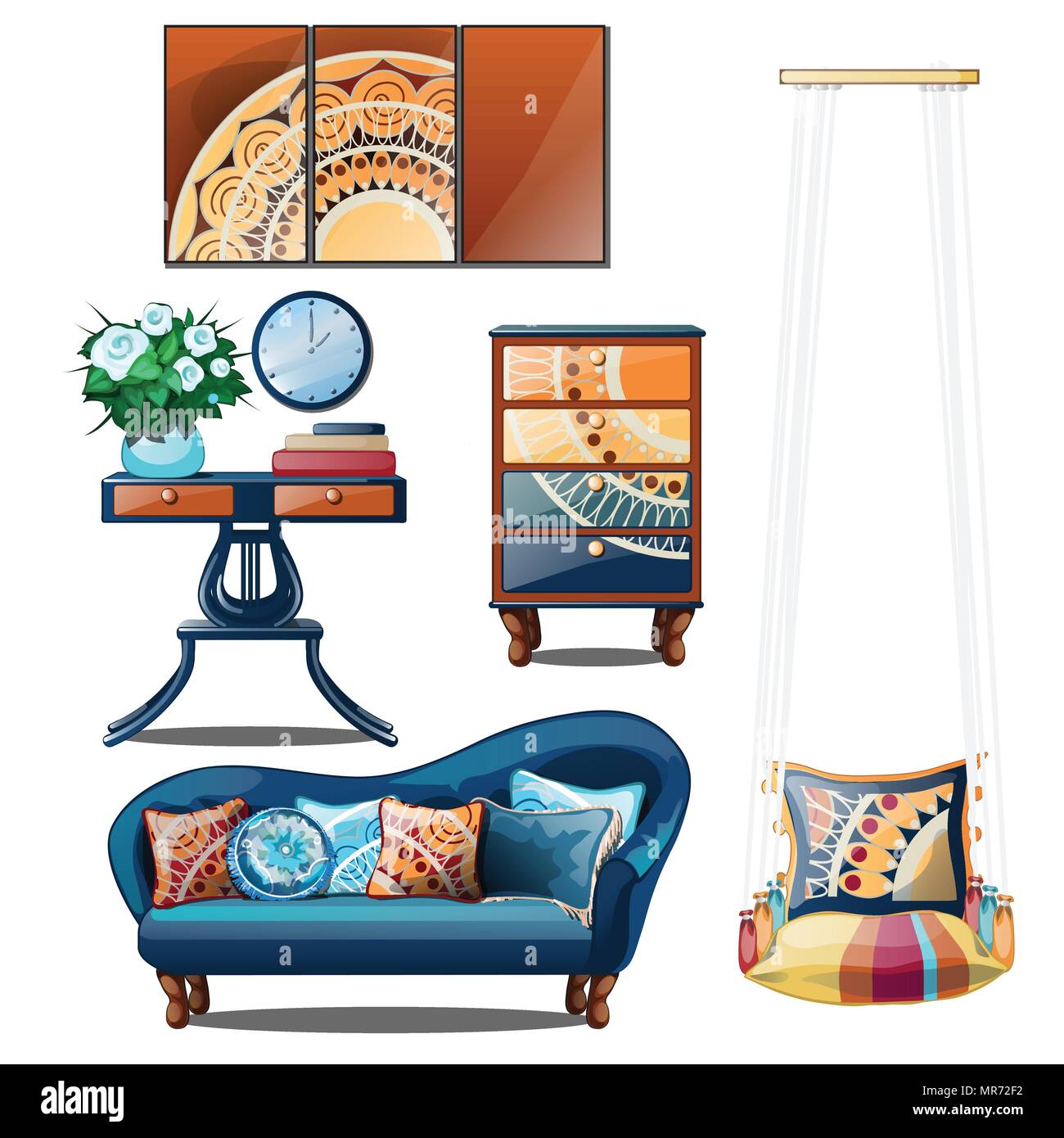 Interieur mit bunten Ornamenten auf einem weißen Hintergrund. Vector Illustration. Stock Vektor