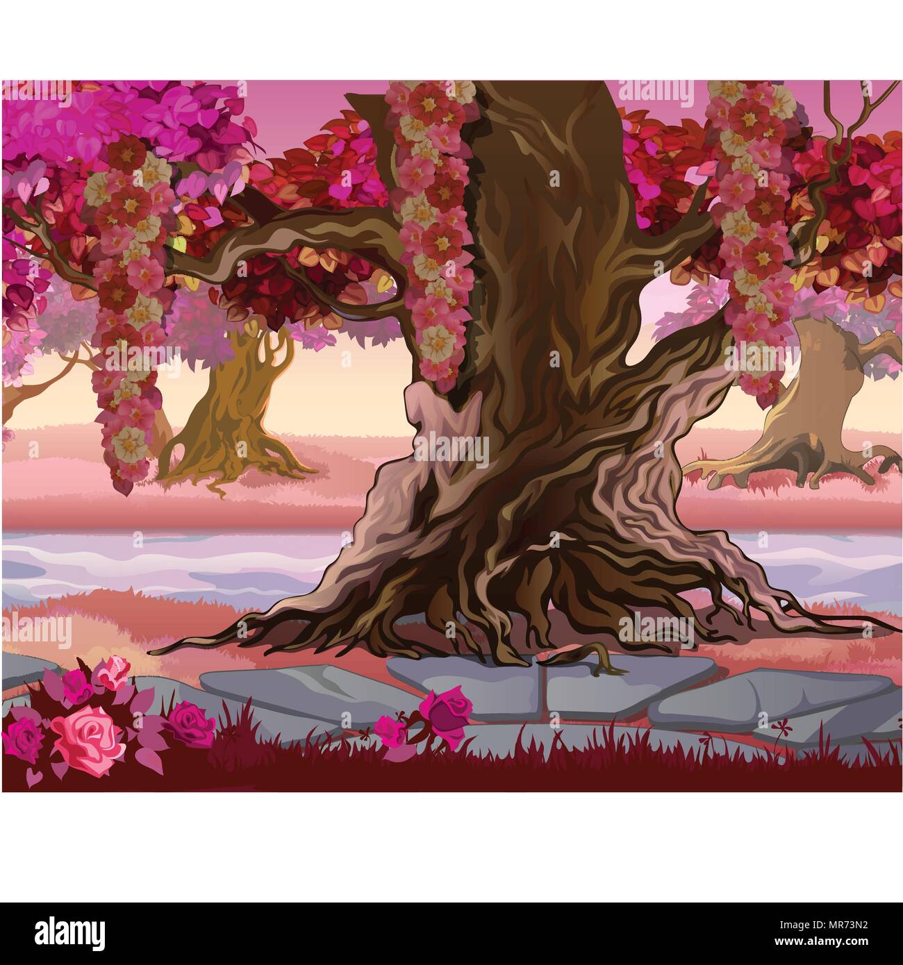 Märchenwald mit rosa Bäume. Phantasie der Natur. Vector Illustration. Stock Vektor