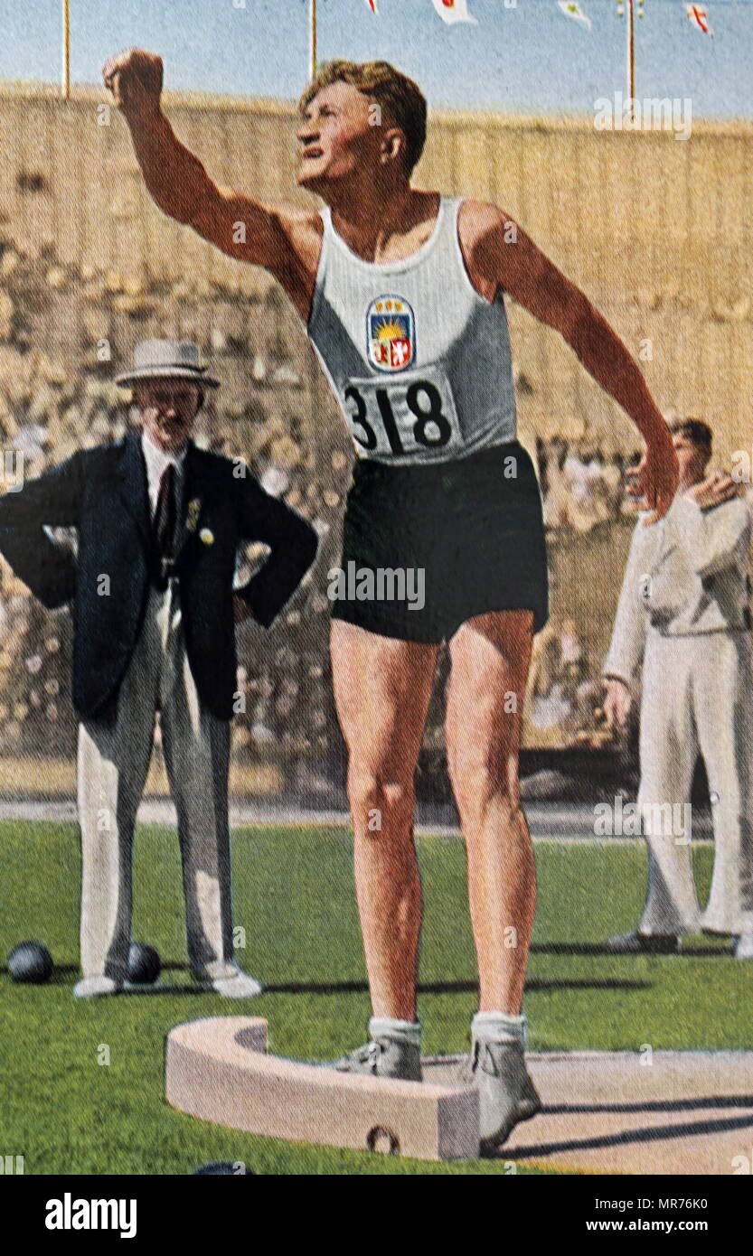 Foto von Jānis Dimza (1906 - 1942) Schoß setzen im Zehnkampf bei den Olympischen Spielen 1932. Janis war aber schlecht landete im Stabhochsprung und wurde nicht fortgesetzt werden. Stockfoto