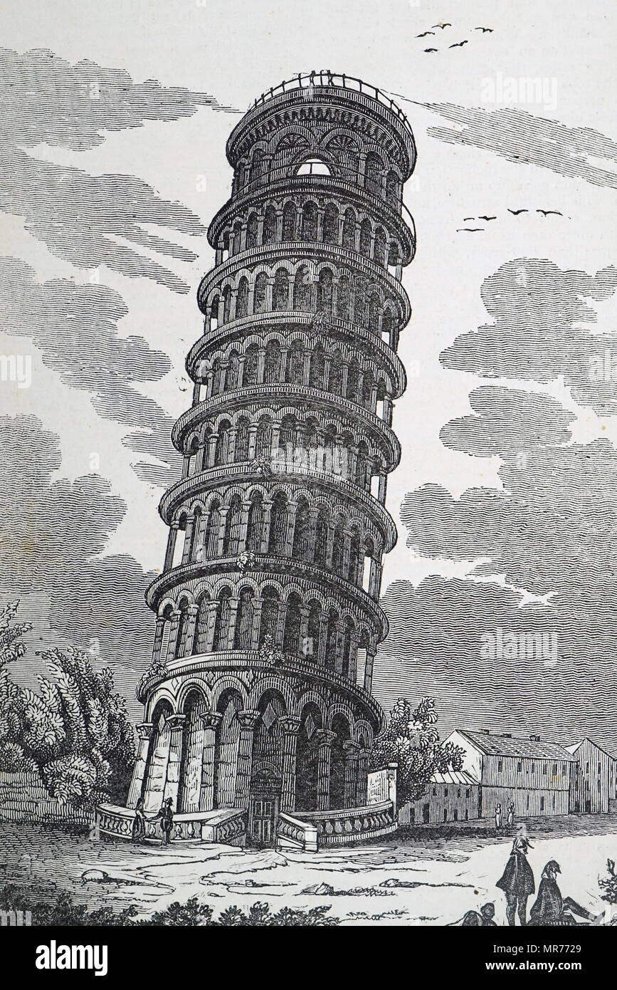 Kupferstich mit der Darstellung der Schiefe Turm von Pisa, der Campanile, oder freistehenden Glockenturm der Kathedrale in die italienische Stadt Pisa. Vom 19. Jahrhundert Stockfoto