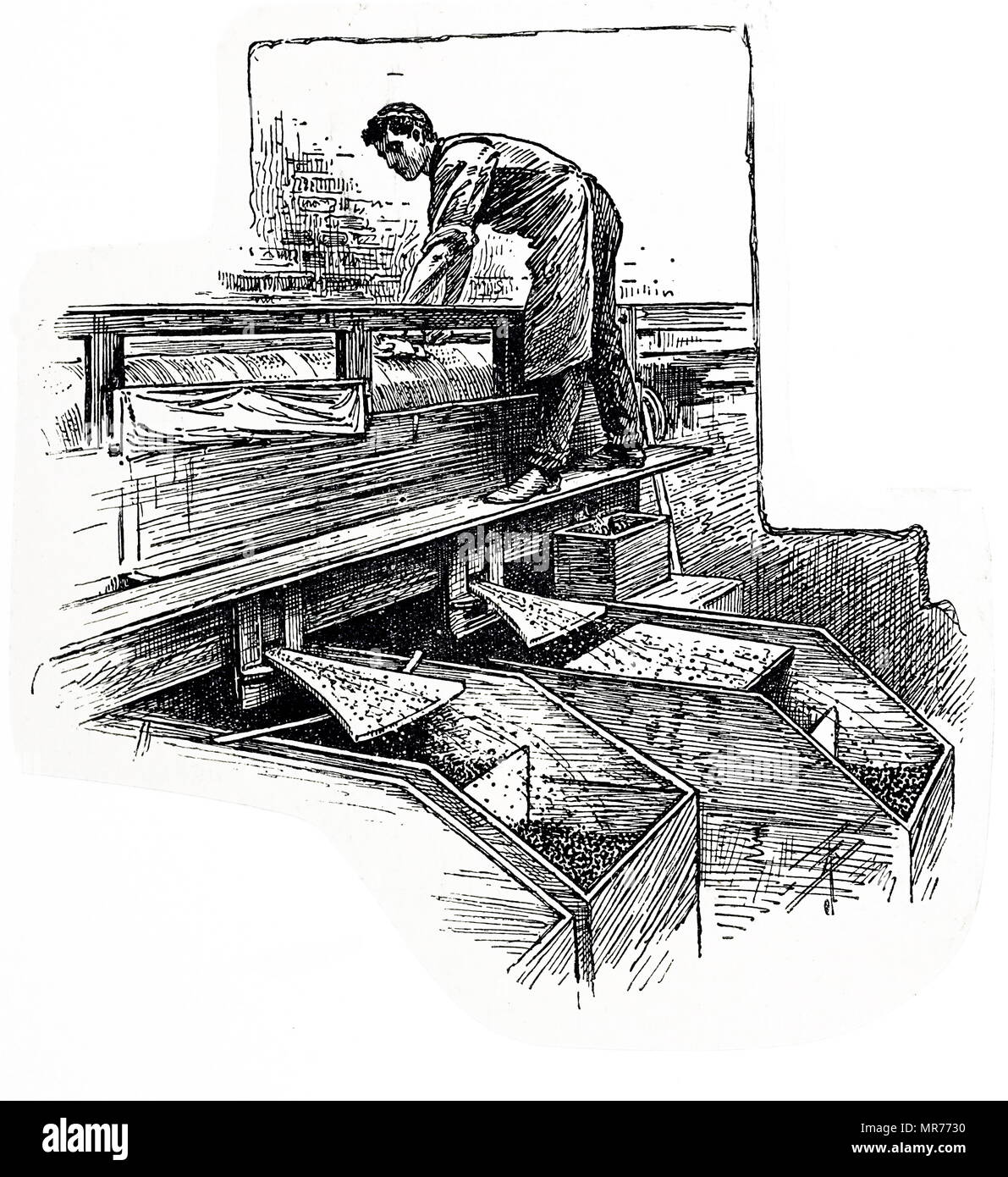 Kupferstich mit der Darstellung der Prozess der Herstellung führen Schüsse: Sortierung erschossen. Vom 19. Jahrhundert Stockfoto