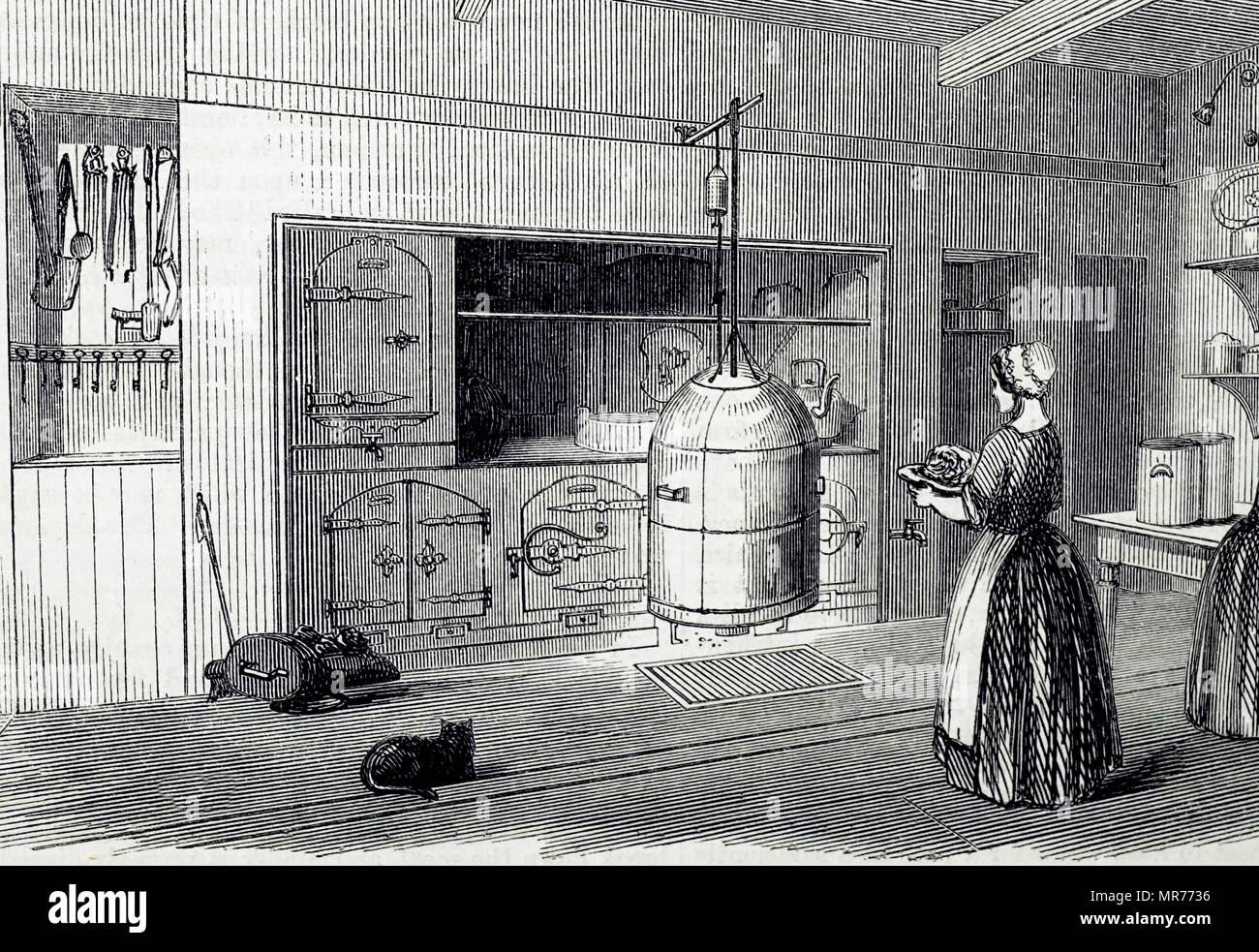 Kupferstich mit der Darstellung eines Küche Szene mit einer Reihe hergestellt von Henry Goddard von Nottingham. Das Fleisch Bildschirm für die Röstung eine gemeinsame gesehen wird, hängt vor dem Feuer über einem Topf die Säfte zu fangen. Vom 19. Jahrhundert Stockfoto