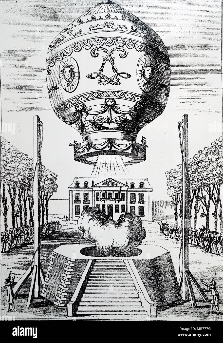 Kupferstich mit der Darstellung der Montgolfier Ballon seinen Aufstieg im Chateau de la Muette. Erfunden von Joseph-Michel Montgolfier (1740-1810) und Jacques-Étienne Montgolfier (1745-1799). Vom 18. Jahrhundert Stockfoto