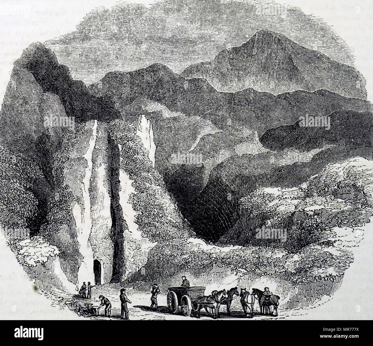 Kupferstich mit der Darstellung der Mund von Odin's Mine, Derbyshire. Die Arbeit in der Mine, die gedacht war im Einsatz seit der Römerzeit, drangen mehr als 1,6 km in den Berg zu haben. Vom 19. Jahrhundert Stockfoto