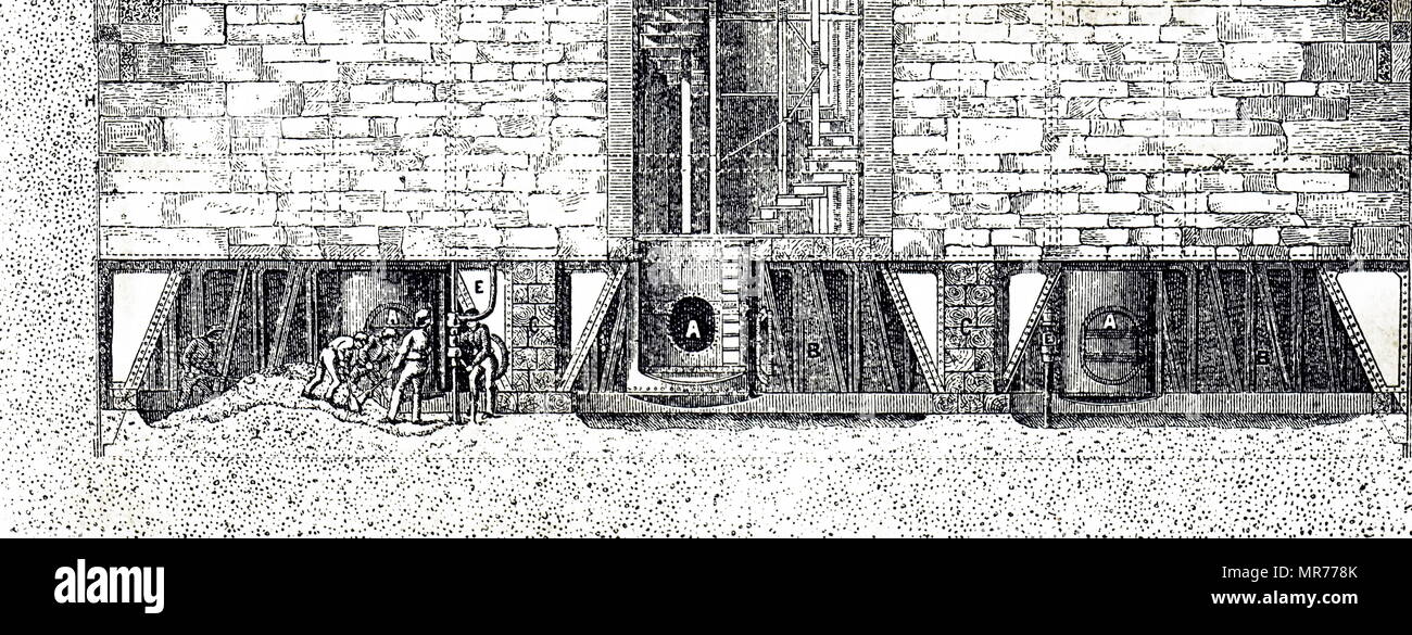 Gravur, mit dem Bau der Fundamente der St. Louis Brücke (c 1870). Die Männer auf der linken Seite des Bildes sind mit einem sand-Pumpe der Untergrund zu entfernen. Die Schlösser waren am unteren Ende der Welle. Männer stark gelitten von caissonkrankheit (Kurven), da sie zu schnell beim Dekomprimieren von Waren, und es gab 14 Tote zu beklagen. Vom 19. Jahrhundert Stockfoto