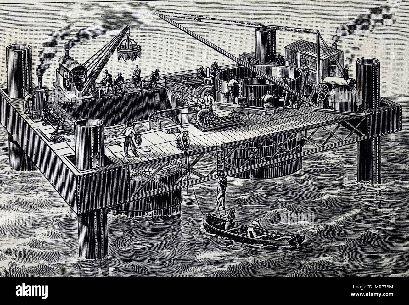 Kupferstich mit der Darstellung der Absenkung einer senkkasten in Position beim Bau der zweiten Tay Bridge. Vom 19. Jahrhundert Stockfoto