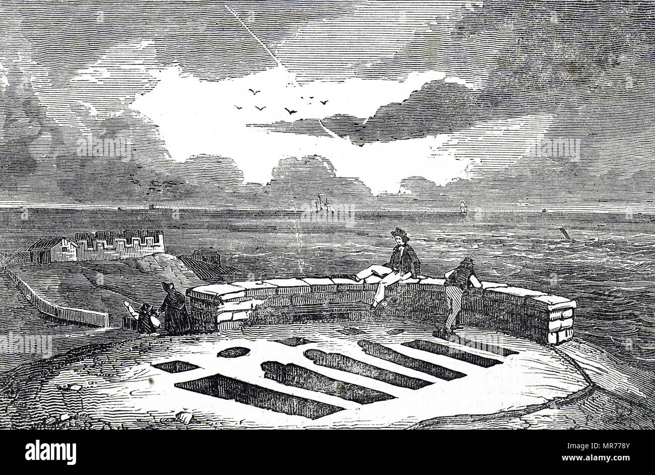 Gravur Darstellung einer Grabstätte, dachte, Sächsischen, in der Nähe von Lower Heysham, Lincolnshire. Grabkammern wurden in den Fels geschnitten. Vom 19. Jahrhundert Stockfoto