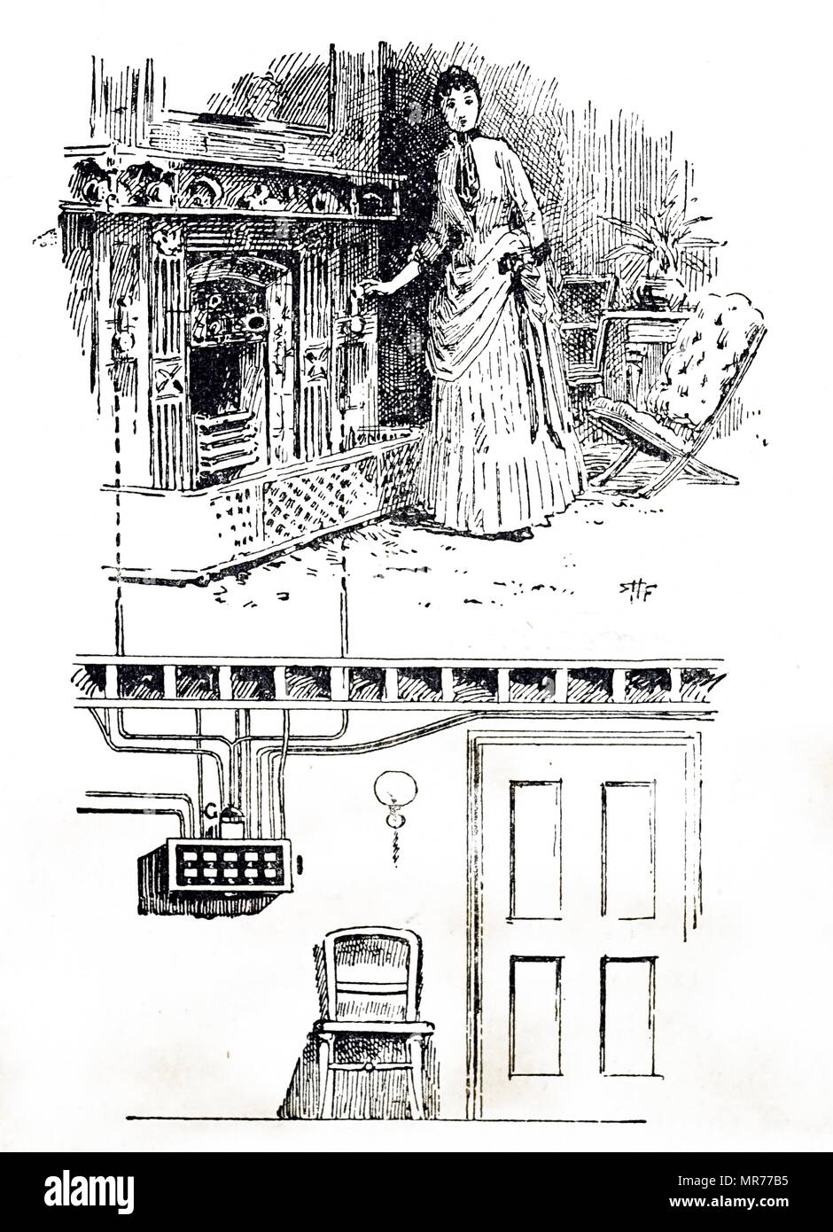 Gravur Darstellung einer Dame Beschwörung ein Diener durch eine Glocke, in diesem Fall ein Pneumatisch (Druckluft), indem Sie ein kleines gummi Ballon betrieben wurde. Vom 19. Jahrhundert Stockfoto