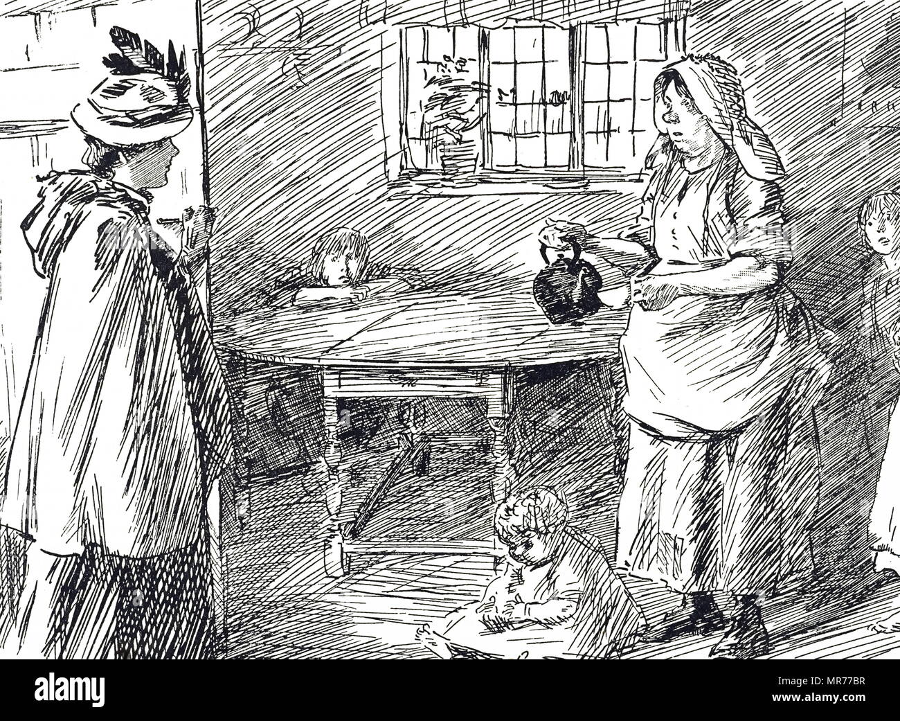 Cartoon Darstellung einer Wirtin ihre armen Mieter besuchen ihre Mieten zu sammeln. Vom 20. Jahrhundert Stockfoto