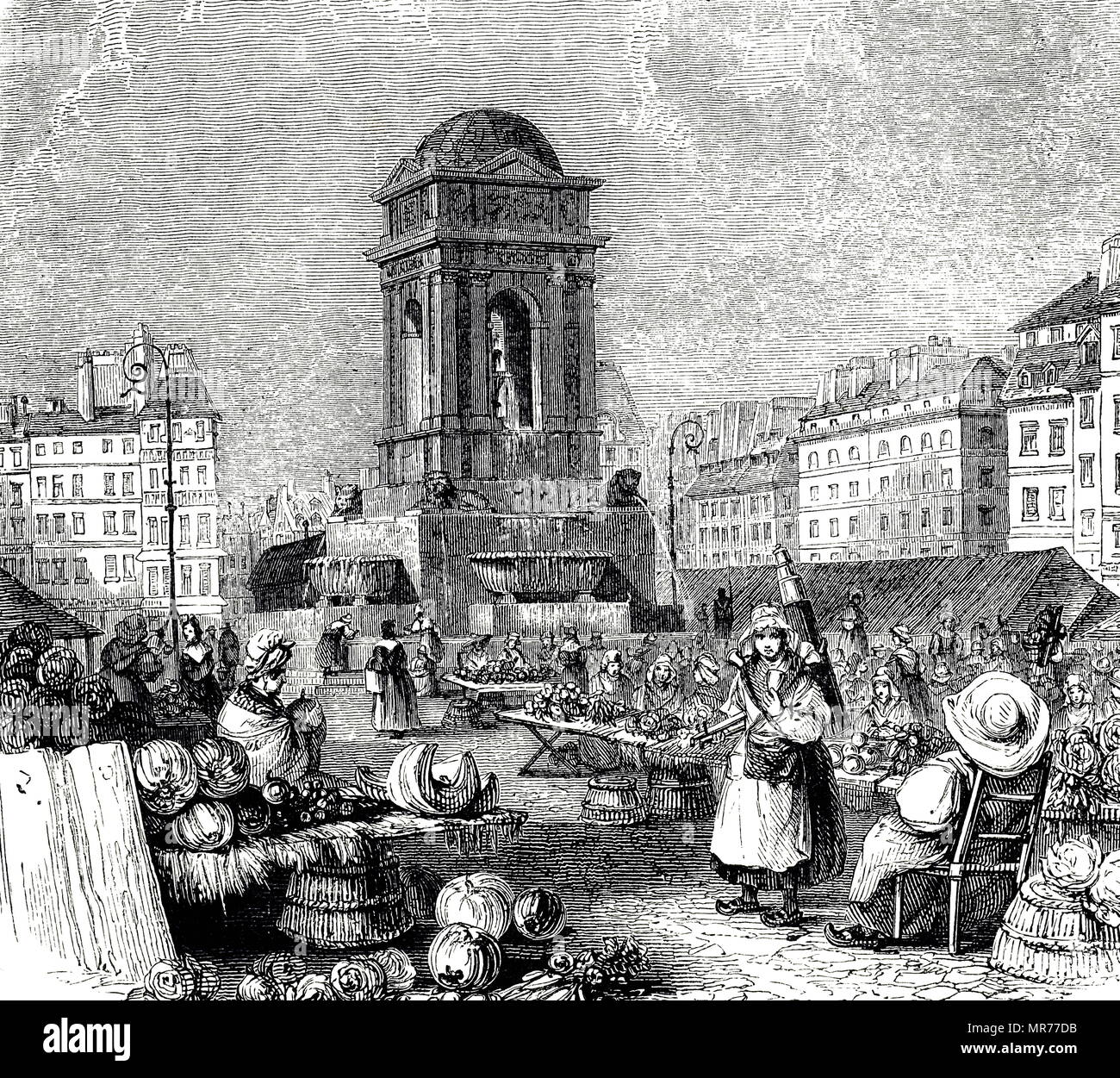 Gravur Darstellung Marche des Innocens, den Markt, die Paris mit Blumen, Früchten und Gemüse versorgt. Vom 19. Jahrhundert Stockfoto