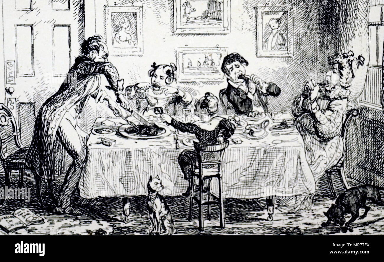 Cartoon mit der Darstellung eines chaotischen Frühstück Tisch Szene. Mit Ill. von George Cruikshank (1792-1878) ein britischer Karikaturist und Illustrator. Vom 19. Jahrhundert Stockfoto