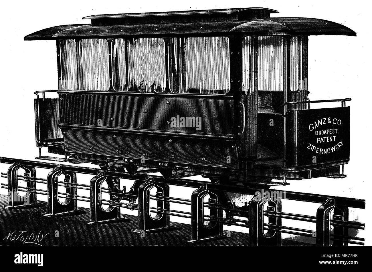 Gravur, Károly Zipernowsky der elektrisch betriebene Straßenbahn. In diesem Bild den Boden unter der Rampe wurde abgeschnitten, die Art und Weise, in der die Macht übernommen wurde. zu zeigen. Vom 19. Jahrhundert Stockfoto