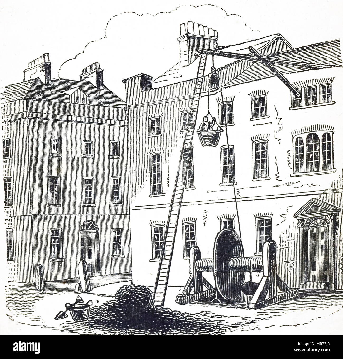 Gravur Darstellung einer Riemenscheibe und Korb für Baustoffe auf dem Dach. Vom 19. Jahrhundert Stockfoto