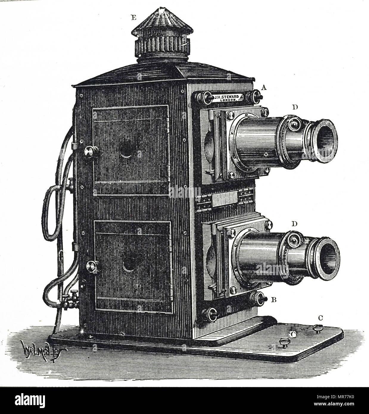 Kupferstich mit der Darstellung eines Biunial Laterne, eine magische Laterne mit zwei separaten Projektionssysteme, die eine über der anderen platziert sind. Vom 19. Jahrhundert Stockfoto