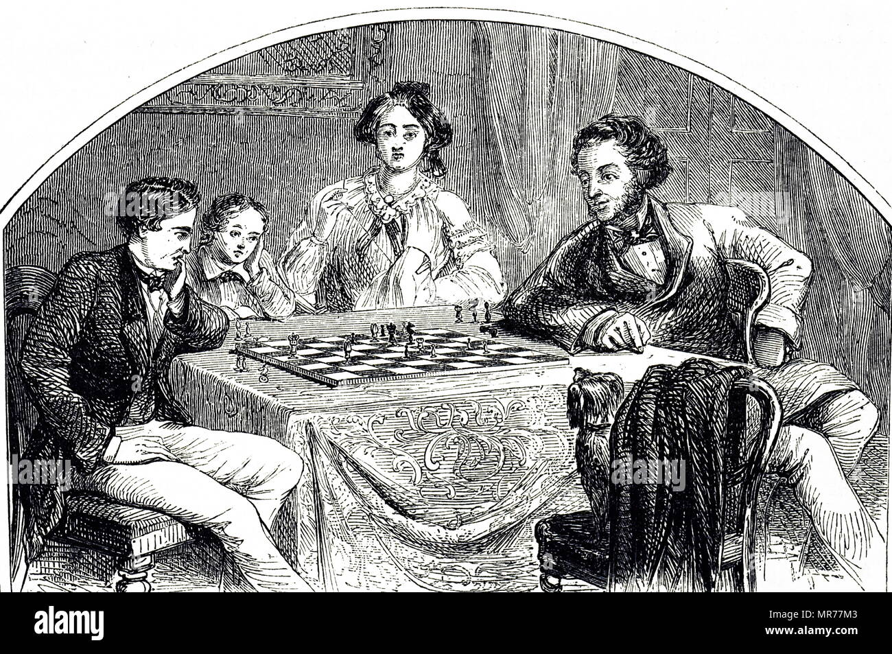 Gravur, eine Partie Schach zwischen Vater und Sohn. 19. jahrhundert Stockfoto