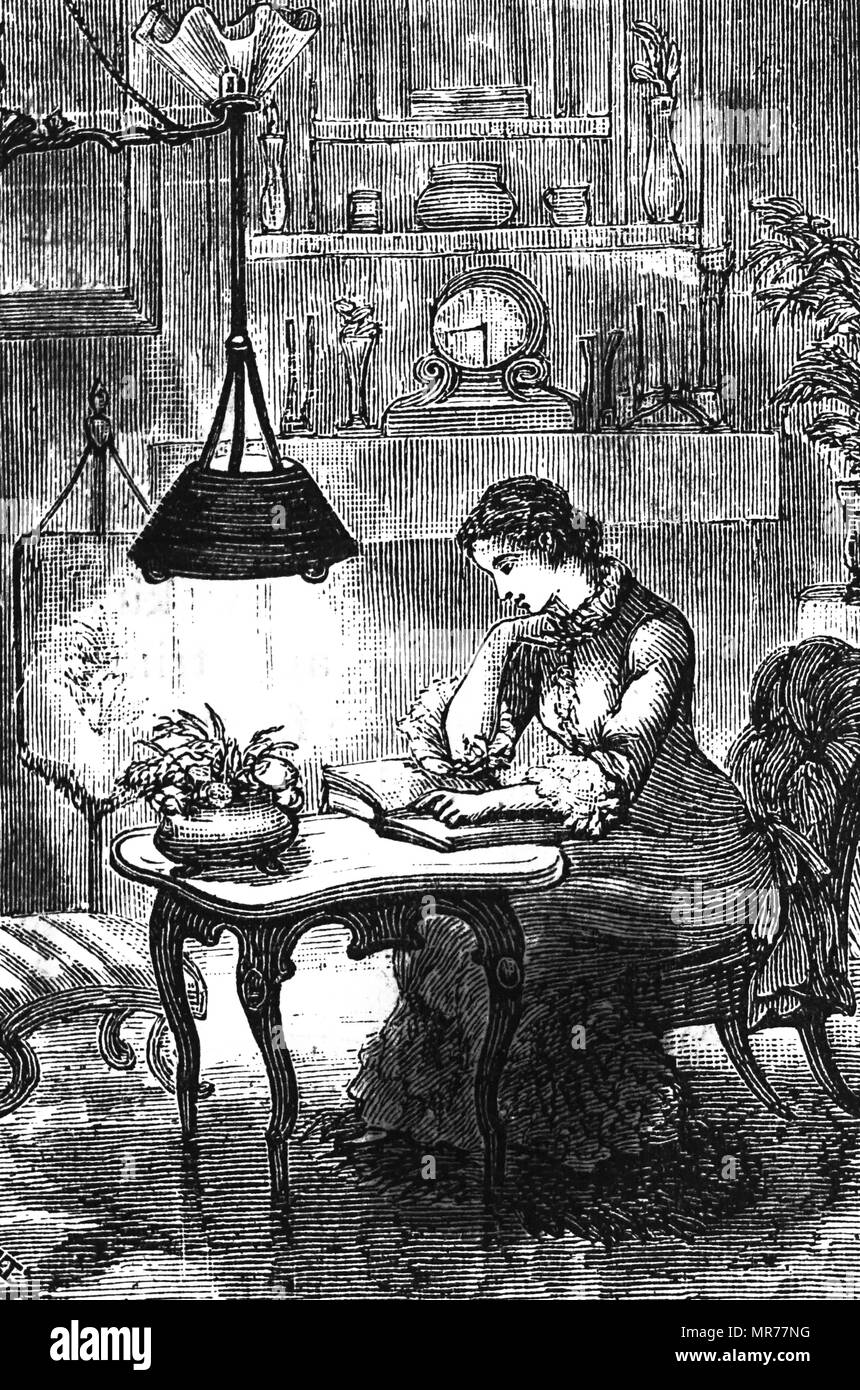 Gravur, eine junge Frau mit einem gas Lampe. Der Schatten war auf einen Rohrrahmen, die das Gas zum Brenner durchgeführt werden unterstützt. Vom 19. Jahrhundert Stockfoto