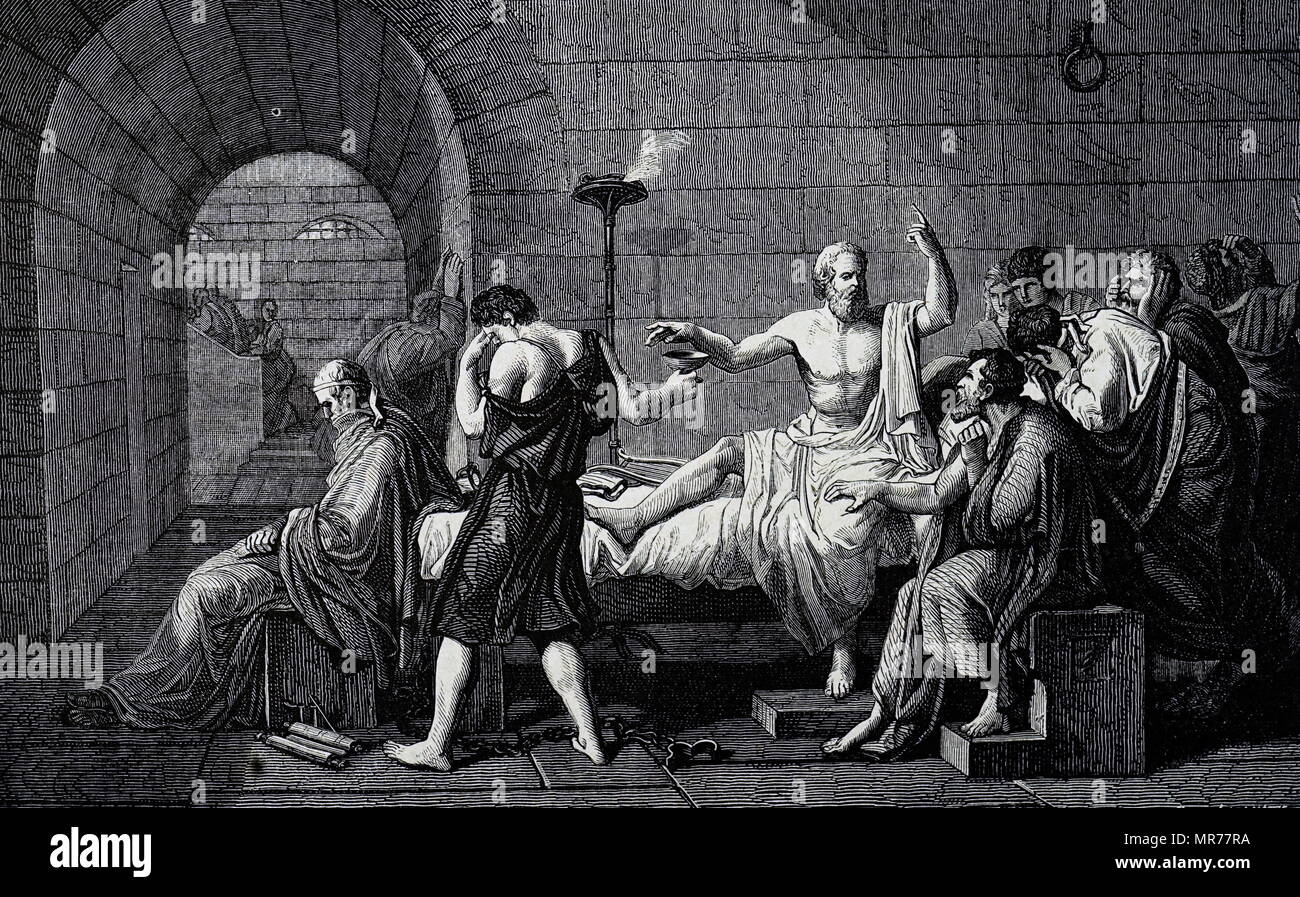 Stich nach dem Gemälde mit dem Titel "Der Tod des Sokrates' von Jacques-Louis David (1748-1825), französischer Maler im neoklassizistischen Stil. Vom 18. Jahrhundert Stockfoto