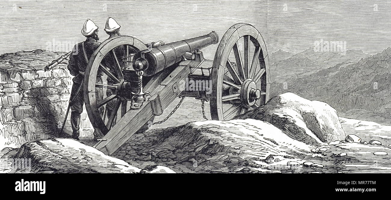 Gravur mit Kanonen während des afghanischen Krieges am Fort Ali Masjid verwendet. Vom 19. Jahrhundert Stockfoto