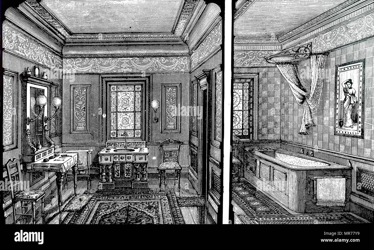 Bad und WC in einem wohlhabenden Haus. Deutsch von Doulton & Co 1882 entworfen Stockfoto