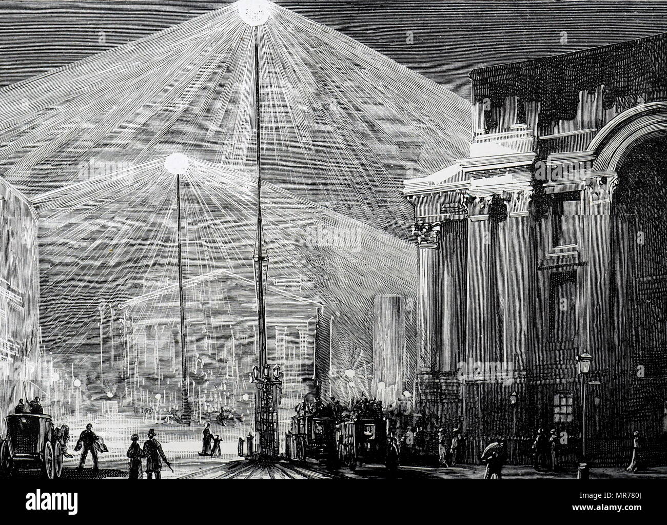Der Royal Exchange und Mansion House; London, beleuchtet von Siemens carbon arc Lampen; 1883 Stockfoto