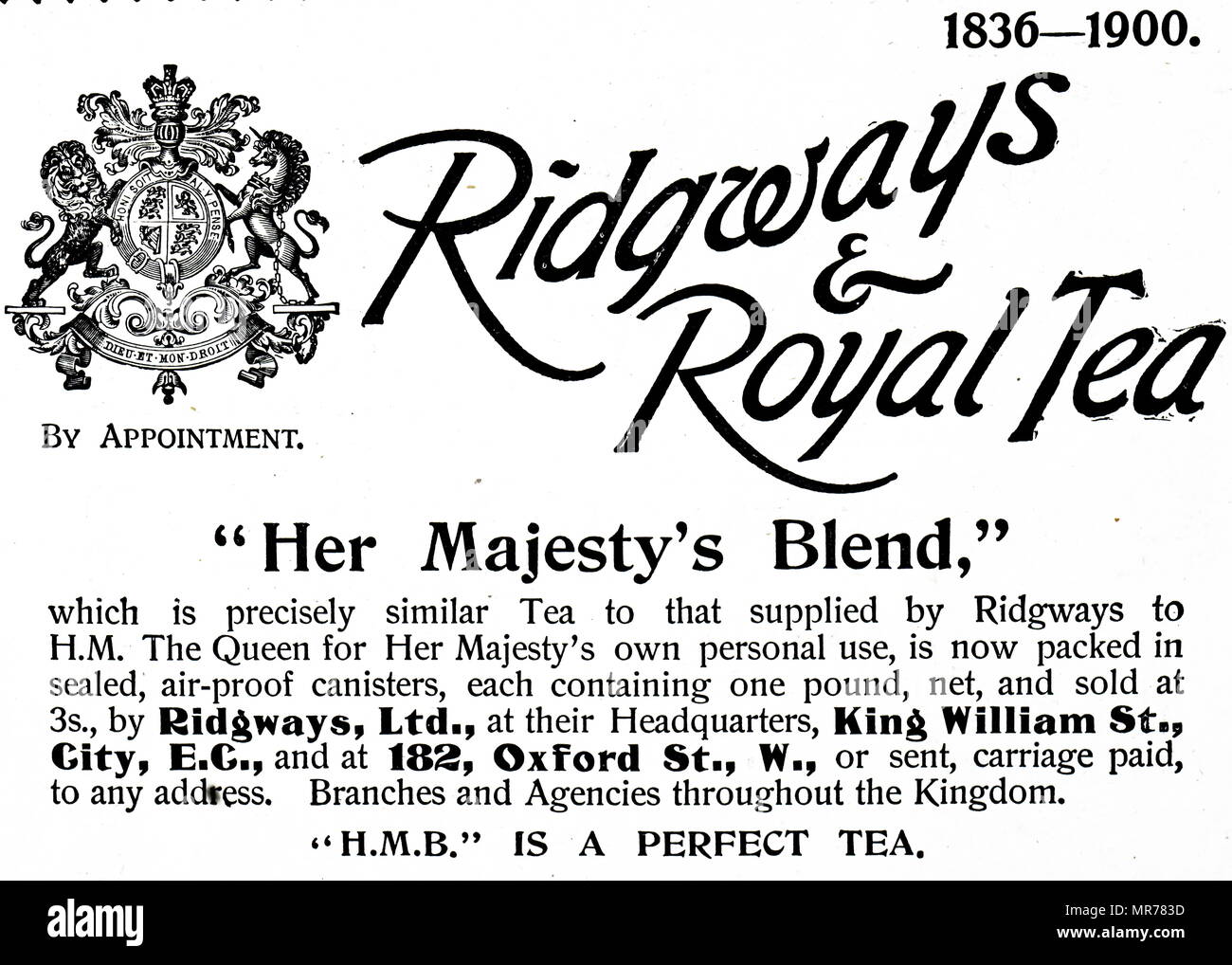 Werbung für Ridgway & Royal Tea "Her Majesty's Blend". Vom 20. Jahrhundert Stockfoto