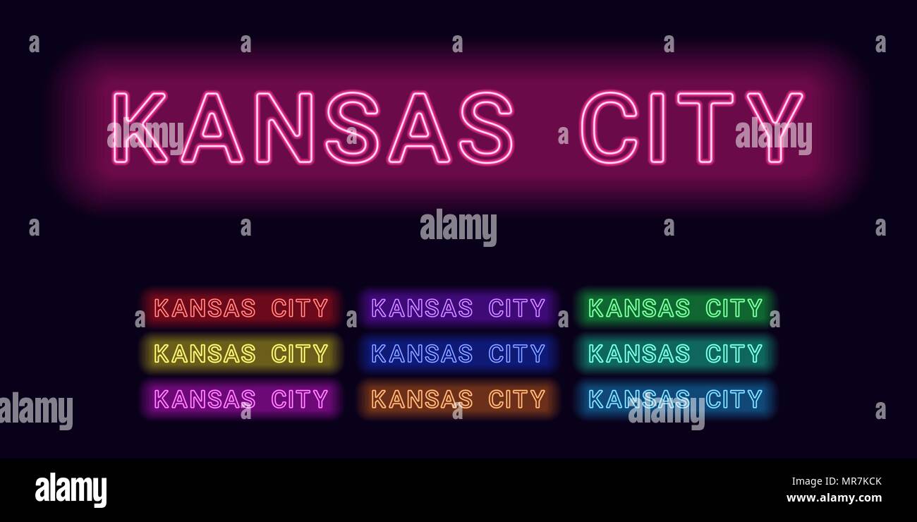Neon Name von Kansas City. Vector Illustration von Kansas Inschrift aus Neon auf dem dunklen Hintergrund skizziert, mit Hintergrundbeleuchtung. Der unterschiedliche Stock Vektor
