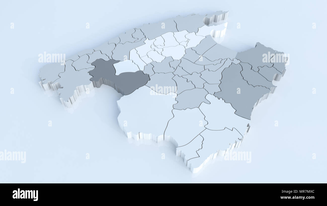 Karte von Mallorca mit allen Bereichen. Sehr detaillierte 3D-Rendering Stockfoto