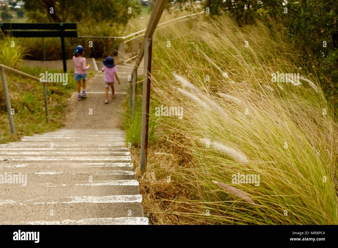 Zwei Kinder an der Unterseite einer Treppe durch langes Gras umgeben, Castle Hill, QLD 4810, Australien Stockfoto