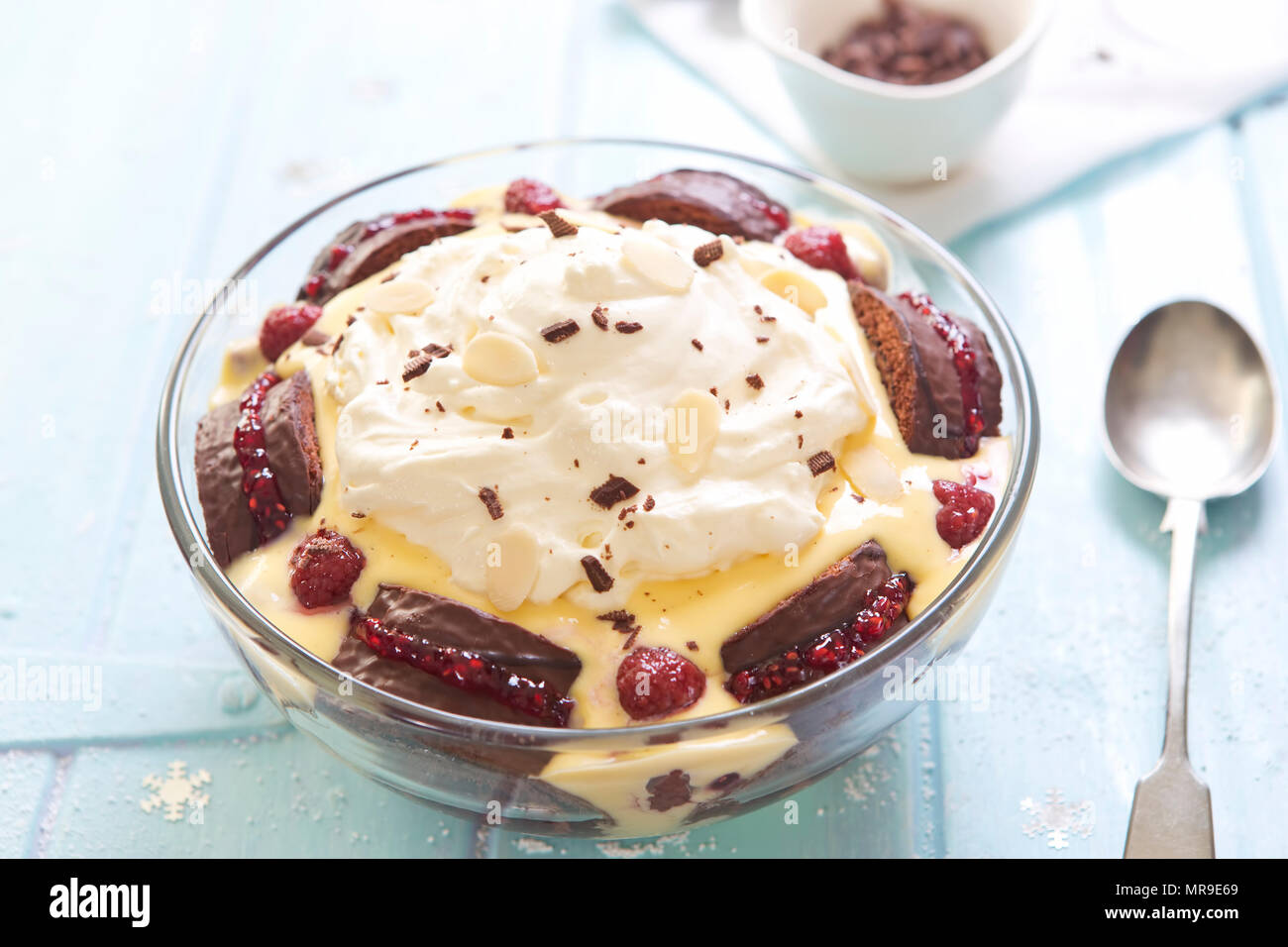 Weihnachten kleinigkeit Roulade mit Schokolade und Himbeere Marmelade, Pudding, frisch Himbeeren und Sahne Stockfoto