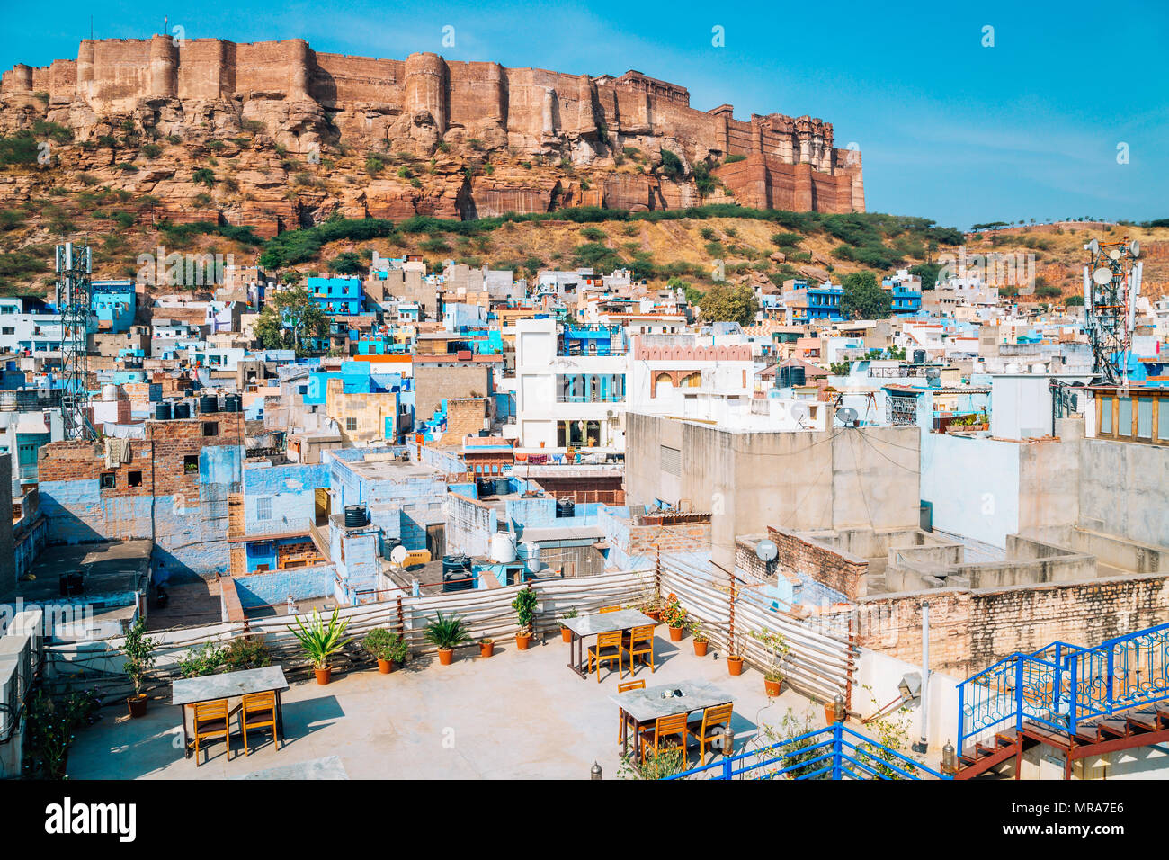 Mehrangarh Fort und blaue Stadt Jodhpur, Indien Stockfoto