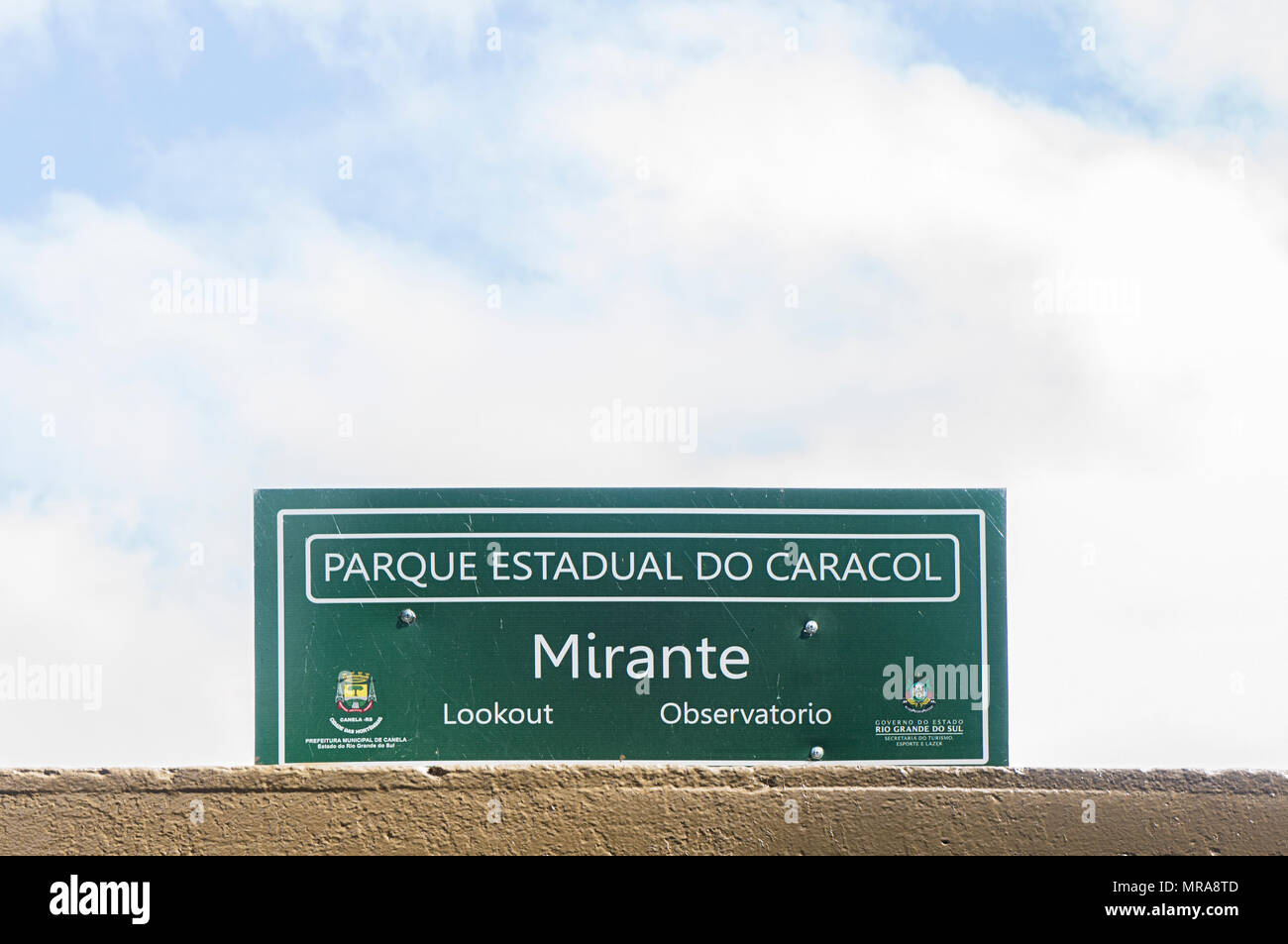 Caracol State Park Wasserfall Stadt Canela Brasilien Plakette Zeichen Stockfoto