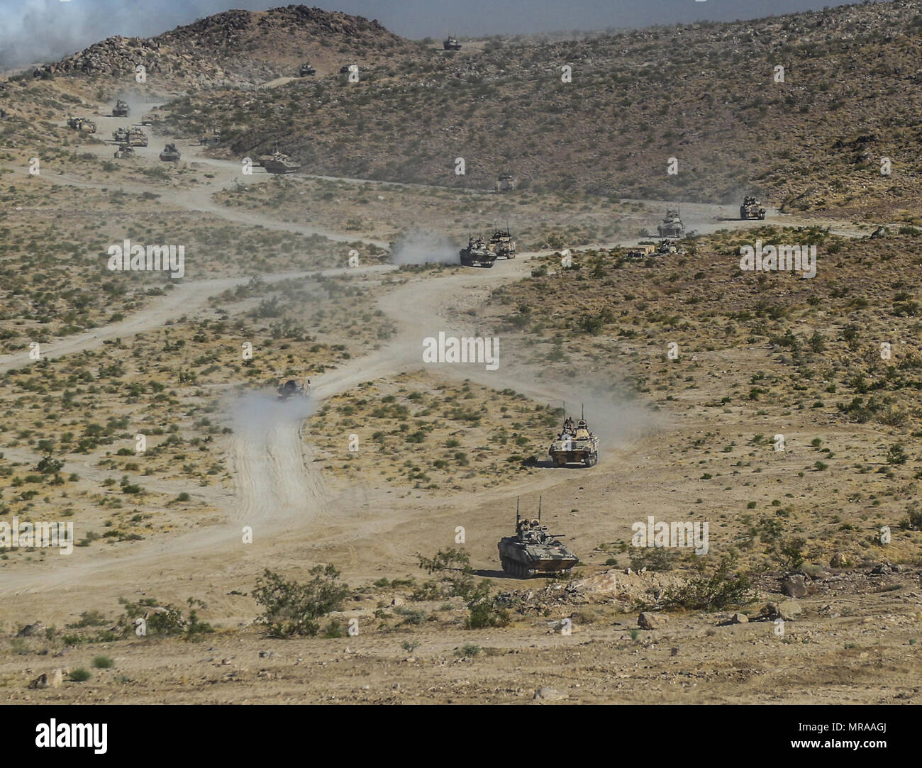 In FORT IRWIN, Kalifornien - 2. Staffel, 11 gepanzerte Kavallerie Regimenter 'Finsteren mechanisierten Infanteriebataillon, enthalten von Assassin und Coldsteel Truppen, erfolgreich die 155 gepanzerte Brigade Combat Team, Verteidigung Mississippi Army National Guard in der Nähe der Eisernen Dreieck, 2. Juni 2017 eindringen. Diese Phase der NTC-Rotation 17-07 herausgefordert, Fähigkeit, die "Dixie Thunder" der Brigade eine bewusste Verteidigung gegen eine in der Nähe von-peer Gegner zu führen. (U.S. Armee Foto von Sgt. David Kante, 11. ACR) Stockfoto